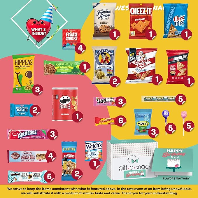 Gift A Snack - Happy Birthday Snack Box Variety Pack Care Package + Greeting Card (60 Count) Bday Sweet Treats Gift Basket, Candies Chips Crackers Bars - Food Assortments Assortments & Variety Gifts