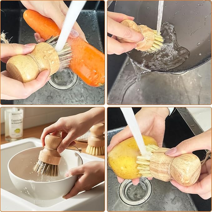 3 Pack Wood Dish Brush Set, Wood Scrub Brush for Dishes with Natural Sisal Bristles for Cleaning Pots, Pans and Vegetables