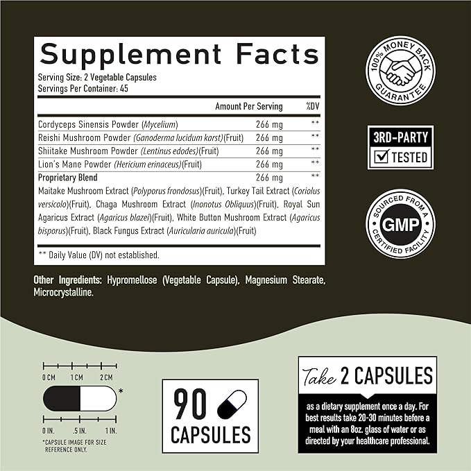 10 Mushroom Complex Supplement | 1300+ MG Blend with Lions Mane, Turkey Tail, Cordyceps, Reishi, Shiitake, Maitake, Chaga & White Button Mushroom | Immune & Adaptogen Support | 90 C