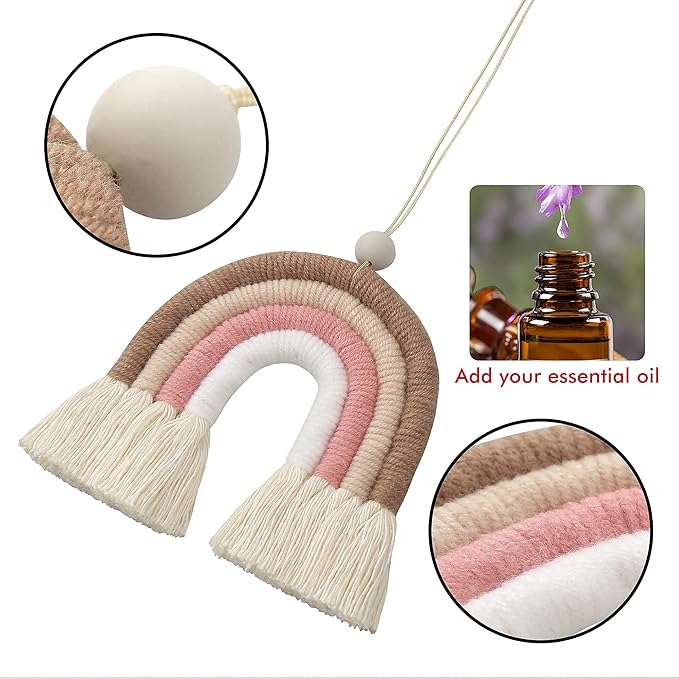 BOHO GARDEN Macrame Bohemian Rainbow Charm - Essential Oil Diffuser for Cars, Baby Nursery, Children’s Bedroom & Home Decor - Colorful Decorative Hanging Air Freshener & Accessories - 3.5x4 - Sienna
