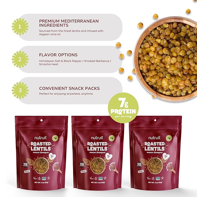 Nutruit Roasted Lentil Snacks - Tasty Snack Box with Vegan, Gluten Free, Non-GMO, High Protein, Low Calorie, Healthy On-The-Go Low Calorie Lentils Snacks - 4oz Packs (8-Pack Box) (8 Pack, Barbecue)