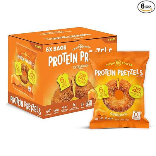 Crisp Power High Protein Pretzel Crisps - 6 Pack x 1.75 oz Crunchy & Flavorful Plant-Based Snack. No Sugar, 28g Protein Per Pack in 3 Savory Flavors, Vegan, Keto Friendly, Non-GMO, Kosher Non-Dairy (1.75 Ounce (Pack of 6), Cheddar)