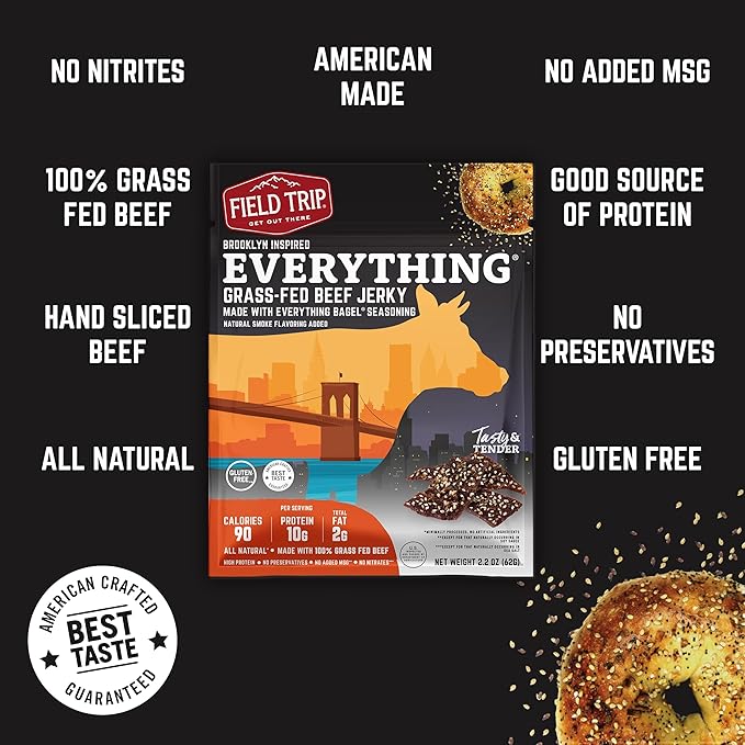 Field Trip Grass Fed Beef Jerky, Healthy Gluten Free Snacks, All Natural, Paleo-Friendly Beef Jerky, High Protein, Low Carb Snack with No Nitrates, 2.2oz Bag, 4 Pack, Everything Bagel