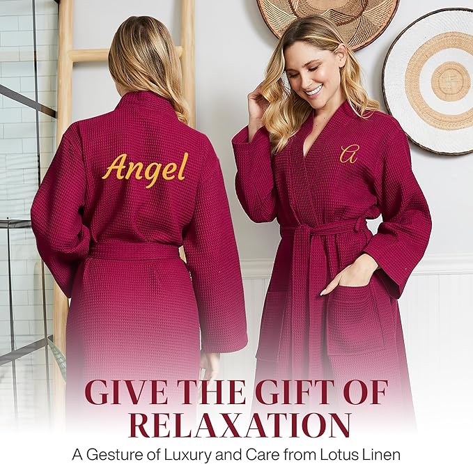 Lotus Linen Waffle Robes for Women - Lightweight Cotton Kimono Bathrobe - Long Soft Spa Bath Robe