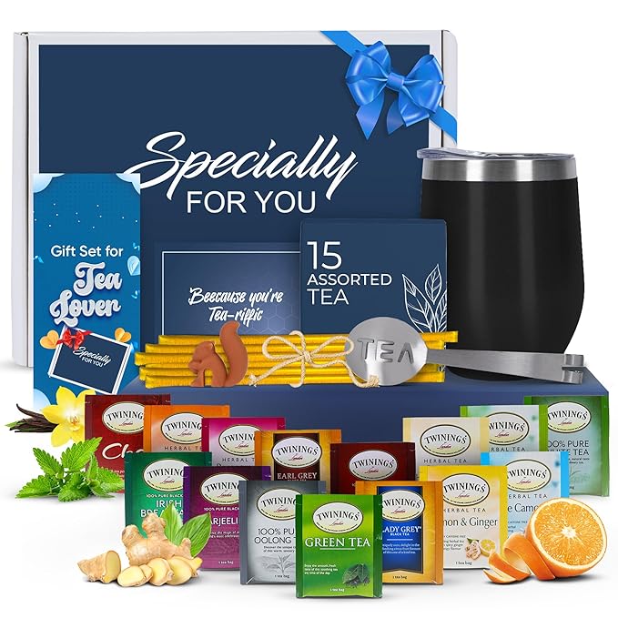 Tea Gift Set for Women and Men – Elegant Tea Sets for Women Gift with 15 Unique Teas, Stainless Steel Tumbler & 10 Honey Straws in Premium Box (Black)