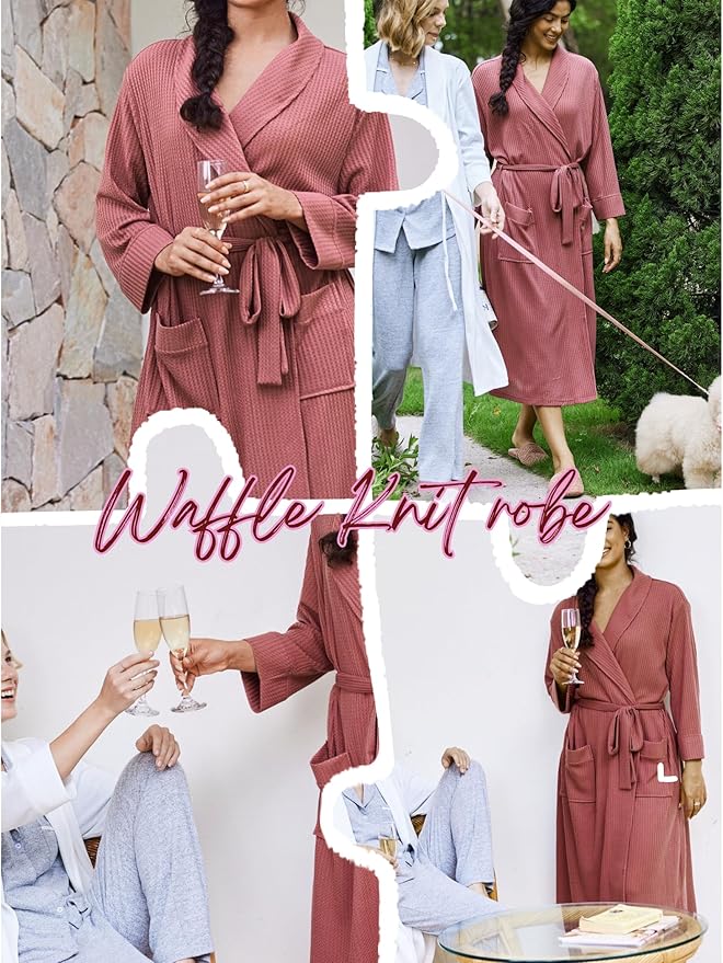 Ekouaer Robes for Women Long Waffle Knit Bathrobe Lightweight Kimono Robe Soft Shawl Collar Spa Robes with Pockets S-XXL