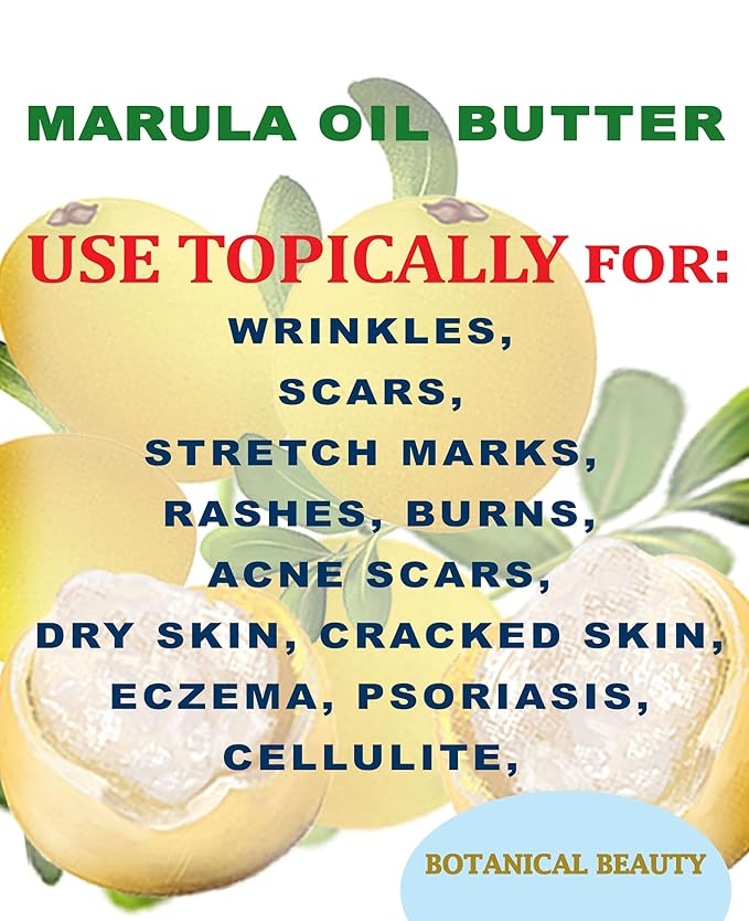 Botanical Beauty MARULA OIL BUTTER RAW VIRGIN UNREFINED for Face, Body, Hair, Lip, Nails, Dry Skin, Cracked Hands, Rosacea, Eczema, Rashes, Itchiness, Redness, Anti-Aging (16 Fl Oz)