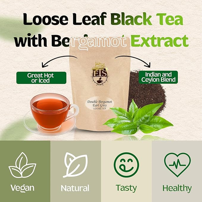 Double Bergamot Earl Grey Tea - 4oz | Loose Leaf Tea Pouches | English Tea Store Blend | Strong Citrus Flavor with Indian & Ceylon Black Tea | Hot or Iced Tea Brewing
