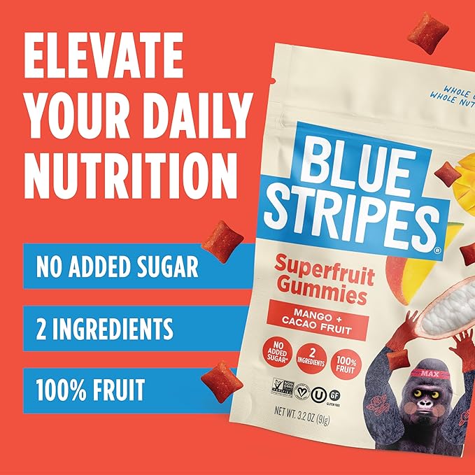 Blue Stripes Cacao Superfruit Gummies - Vegan Chewy Fruity Snack, No Sugar Added 100% Fruit Gummy, 9 Essential Vitamins & Minerals, Natural Tropical Superfood - Mango & Cacao, 3.2 oz (4 Pack)