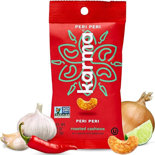 Karma Nuts Peri Peri Chili Spiced Cashews | 1.5 oz - 12 Pack | Whole Cashews | Air Roasted, No Oil | Natural, Minimally Processed | Non-GMO, Gluten-Free, Vegan, Kosher | Rich in Antioxidants + Fiber