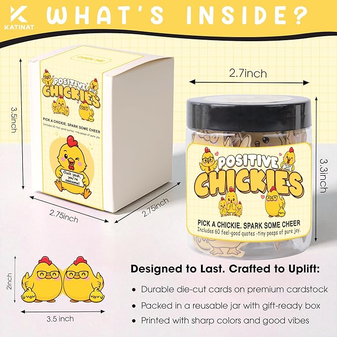 60 Positive Chick Cards Jar – 60 Affirmation Cards for Anxiety & Self Care, Teens, Emotional Support Chickies, CHicken Gifts, chicken gift For Women, Funny ChickEn gifts, ChicKen Stuff