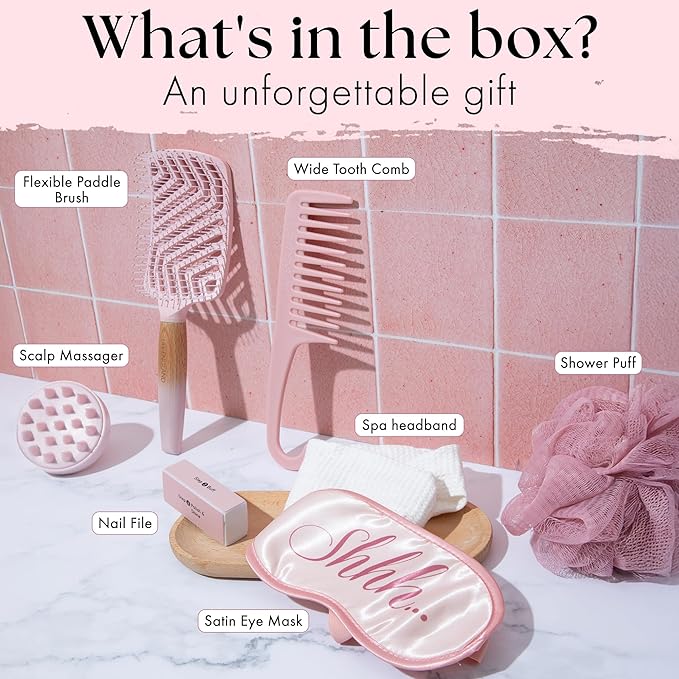 7-Piece Spa Beauty Set with Rose Gold Detangler Brush – Complete Self-Care and Hair Care Bundle for Relaxation and Tangle-Free Styling