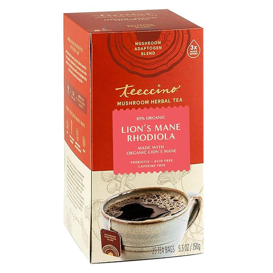 Teeccino Lion’s Mane Rhodiola Rose Mushroom Adaptogen Herbal Tea - Caffeine-Free, 3x More Herbs than Regular Tea Bags, Lightly Sweet from Dates & Figs, Prebiotic - 25 Tea Bags