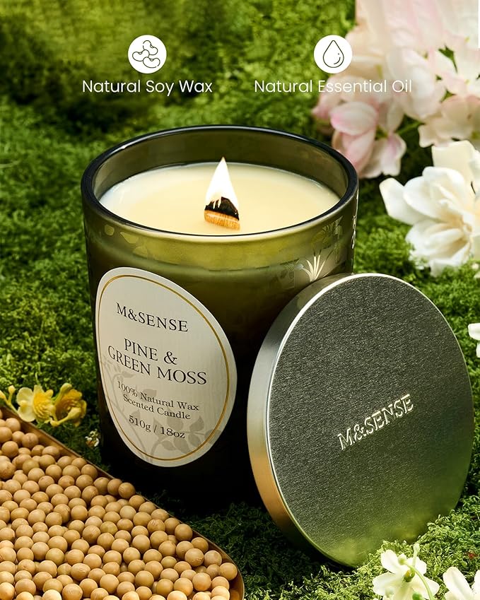 M&SENSE Pine Green Moss Strong Scented Candle, Wooden Wick Candle, 100 Hours Slow Burning No Toxin Natural Soy Wax 18oz,Calming Meditation Home Fragrance, Housewarming Gifts for Men Women