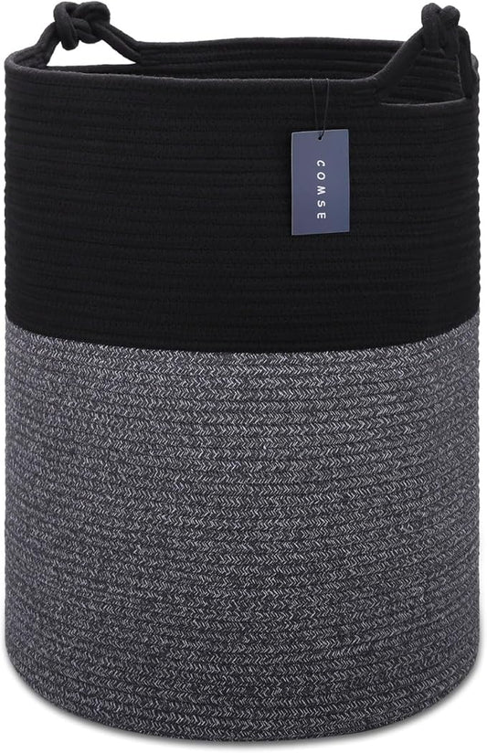 COMSE Extra Large Blanket Basket, Tall Woven Storage Basket, Nursery Hamper, 15.7”x 21.7”, Cotton Rope Laundry Hamper for Toys Clothes Towels, Black