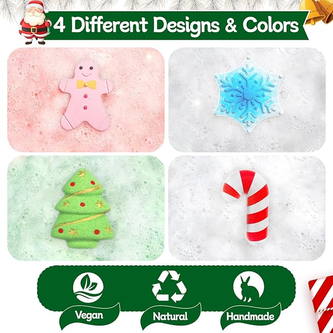 Bath Bombs Set, Shower Bombs, 4 PCS Handmade Bubble Bath with Gingerbread & Christmas Tree & Candy Cane & Snowflake, for Present Cute Women Boys and Girls