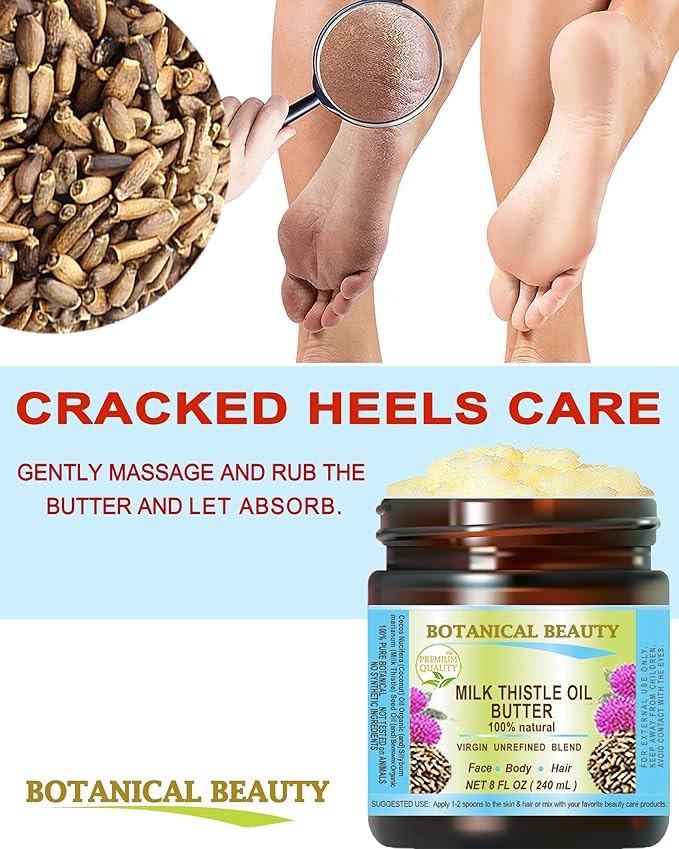 Botanical Beauty MILK THISTLE OIL BUTTER Silybum marianum 100% Natural for FACE, SKIN, BODY, HAIR, NAILS, Foot Care. Foot Oil butter, Skin Moisturizer (4 Fl Oz)