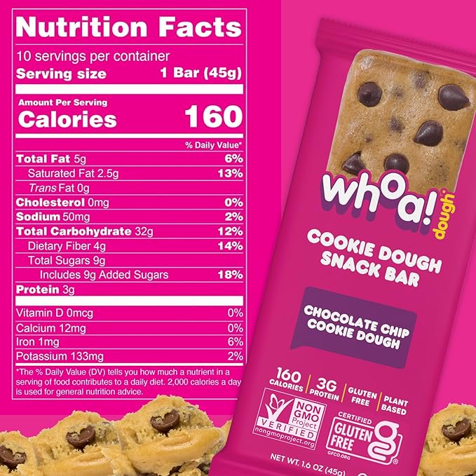 Whoa Dough Edible Cookie Dough Bars- Certified Non-GMO, Kosher and Gluten Free Bars - Healthy Snack Foods - Plant Based Snacks Made With Real Ingredients - Chocolate Chip Cookie Dough - 10 Pack