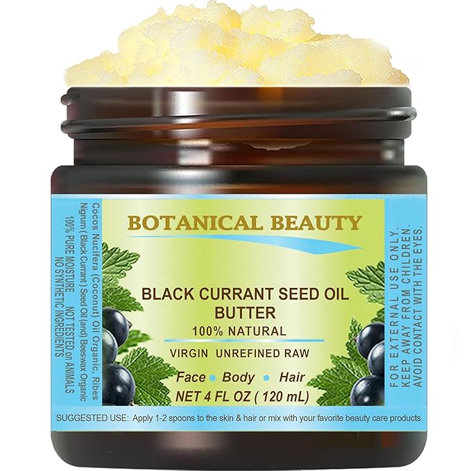 Botanical Beauty BLACK CURRANT SEED OIL BUTTER 100% Pure Natural VIRGIN UNREFINED Cold-Pressed for Face, Skin, Body, Hair, Lip, Nails. Rich in Gamma-Linolenic Acid, Vitamin E (4 Fl Oz)