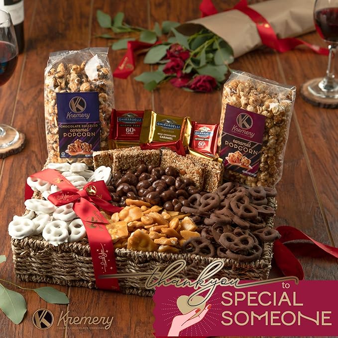 KREMERY Creamy Chocolate Cravings - Thank You Appreciation, Chocolate Covered Pretzels & Caramel Popcorn Gift Basket, in Seagrass Tray + Ribbon & Greeting Card (Deluxe, 3.5 lbs) Food Assortments