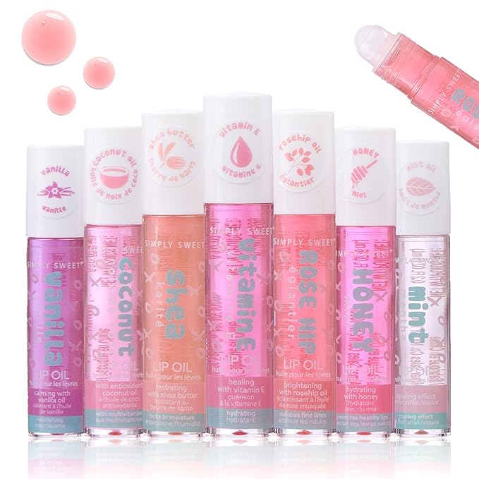EXPRESSIONS 7pc Lip Oil Collection - High Shine Lip Glow w/Essential Oils, Hydrating Roll On Lip Oils Infused w/Essential Oils - Rollerball Lip Oils, Vitamin Enriched Lip Glow Oil Set