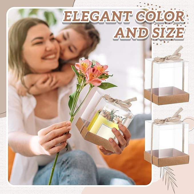 Cunno 36 Set 3.5 x 3.5 x 4.3 in Candle Package Transparent Gift Box 4-18 oz Handmade Tealight Candle Holder Bulk Paper Bottom Ribbon for Wedding Baby Shower Party Mug Cake Wine Glasses(Kraft Color)