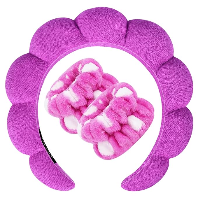 Zkptops Spa Headband for Washing Face Wristband Set Sponge Makeup Skincare Terry Cloth Bubble Soft Get Ready Hairband for Women Girl Puffy Padded Headwear Non Slip Thick Hair Accessory(Dark Purple)