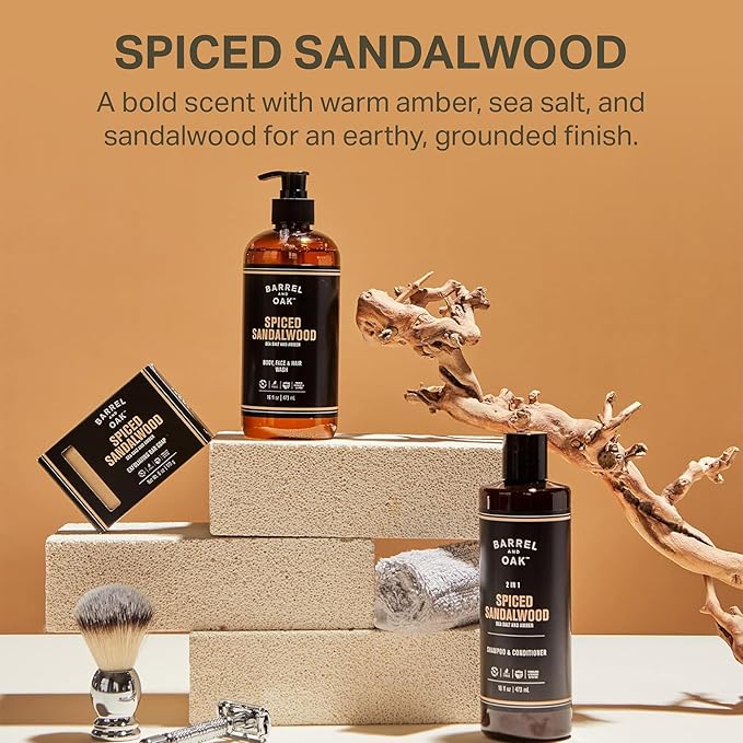 Barrel & Oak All-in-One Wash for Face, Hair, & Body, Vegan & Hydrating Face, Shampoo and Body Wash for Men, Grooming Kit Gifts for Men, Spiced Sandalwood, 16 oz