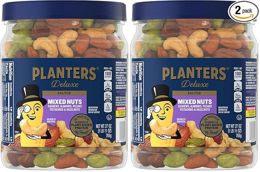 PLANTERS Deluxe Mixed Nuts, Cashews, Almonds, Pecans, Pistachios, Hazelnuts, Roasted with Sea Salt, Party Snacks, Plant-Based Protein Nut Mix, Snacks for Adults, After School Snack Mix, 27oz