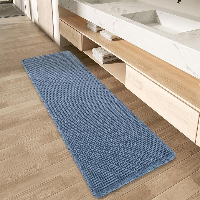AMOAMI Upgraded Waffle Runner Rug Super Absorbent Non Slip Bath Mats for Bathroom Machine Washable Bathroom Runner Rug with Tassels, Ideal for Hallway Bedroom Laundry Room, 17" x 60", Blue