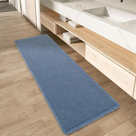 AMOAMI Upgraded Waffle Runner Rug Super Absorbent Non Slip Bath Mats for Bathroom Machine Washable Bathroom Runner Rug with Tassels, Ideal for Hallway Bedroom Laundry Room, 17" x 48", Blue