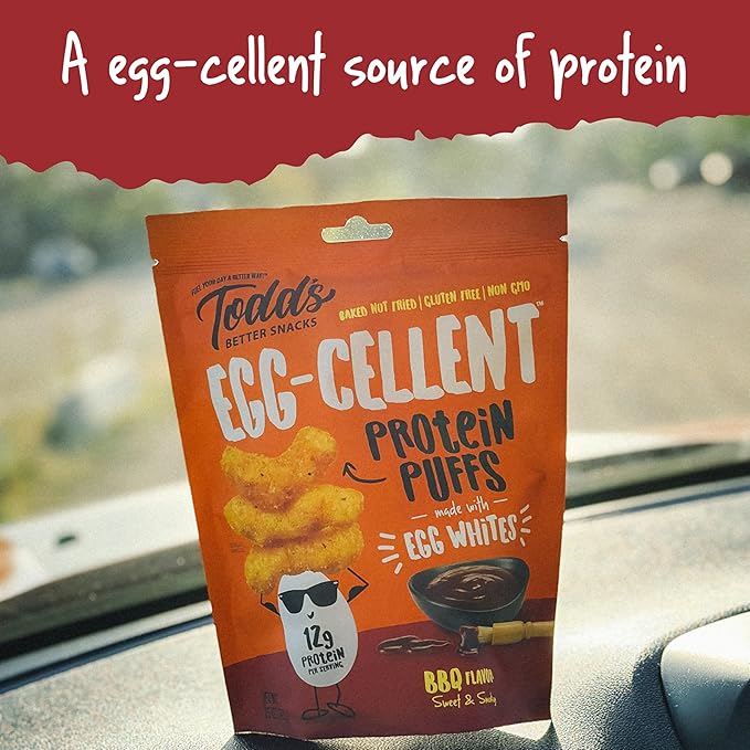 Todd's Better Snacks Egg-Cellent Protein Puffs, Sweet & Smoky BBQ – 12g Protein, Gluten-Free, Paleo-Friendly, Baked, GLP-1 Compliant – Healthy Snack, Made with Egg Whites – 1.2 Oz (Pack of 10)