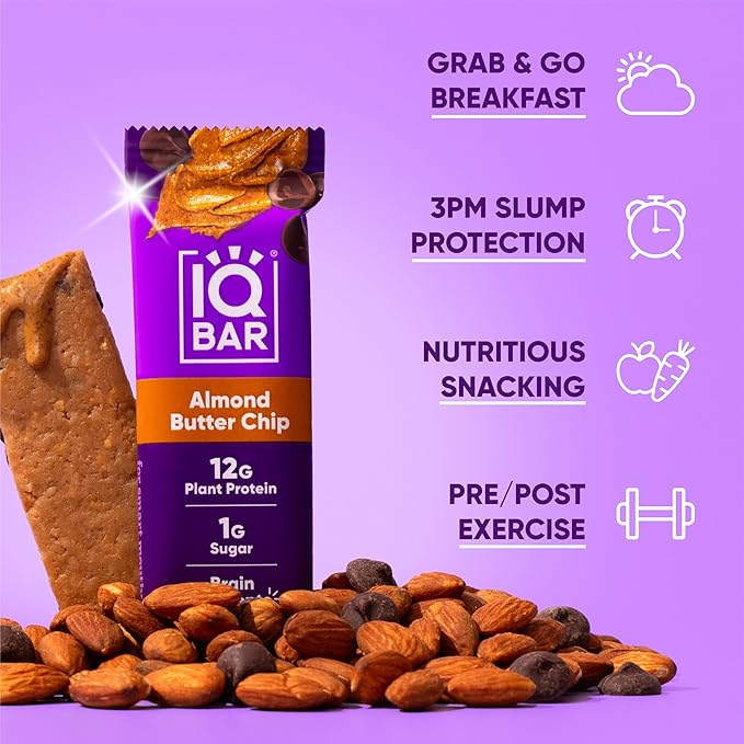 IQBAR Brain and Body Plant Protein Bars - Almond Butter Chip - 12-Count - Keto, Vegan, Low Carb, High Fiber, Gluten Free, Dairy Free, Low Sugar Snack with Nutrients for Focus, Energy, Meal Replacement