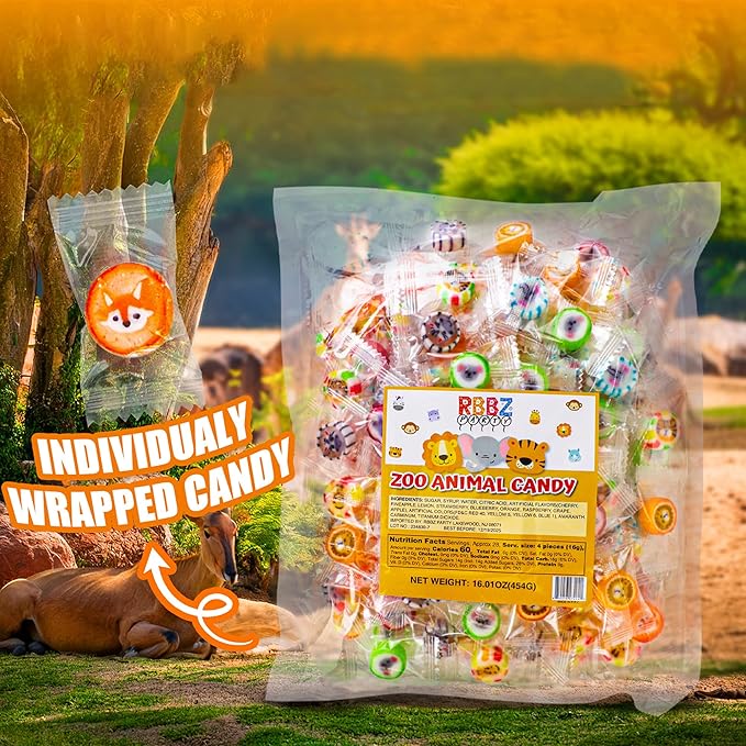 Animal Candy - Hard Candy Bulk 1 lb Bag of Individually Wrapped Small Hard Candies Assortment - Great for Office Candy - Safari Party Favors - Cute Birthday Candy for Party Bags - Jungle Animal Baby Shower - Yummy Candy for Kids and Adults