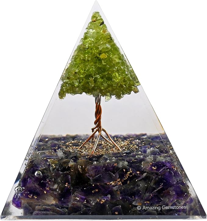 Amazing Gemstone Organite Orgone Pyramid Extra Large 105 MM - Orgone Energy Pyramid with Amethyst Crystals, Peridot Tree and Healing Stone - Orgonite Pyramids Crystals and Positive Energy