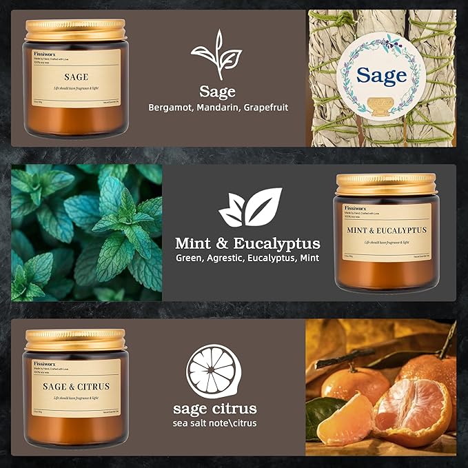 9 Pack Soy Candles for Home Scented |（Sage/Mint & Eucalyptus/Sage & Citrus） Long-Lasting 270 Hours, Natural Scented Candles Gift for Women & Men, Birthday, Mother’s Day, Christmas, Thanksgiving