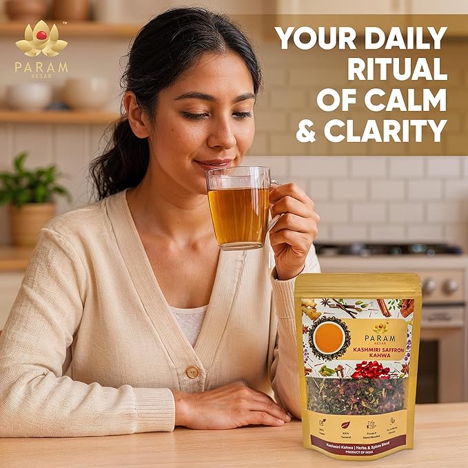 Param Kesar Organic Saffron Cardamom Cinnamon Herbal Green Tea | Detox & Digestive Support | Aromatic Indian Spice Blend with Rose & Licorice | 100g Loose Leaf Tea