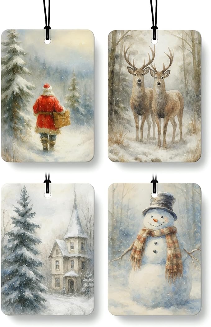 Winter Christmas Berry Car Air Freshener 4 Pcs, Rustic Winter Santa Reindeer Snowman Hanging Air Freshener for Cars Closet Drawer Books, Christmas Car Accessories Mirror Decor for Women