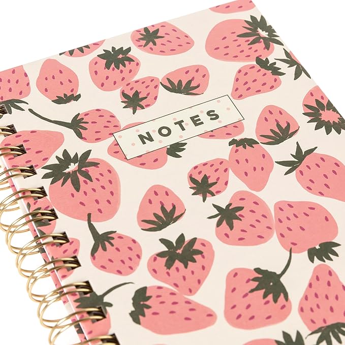 Graphique Hardbound Spiral Journal, 160 Ruled Pages Hard Cover Notebook, Diary, Lists, Record Month and Date, Premium Paper, Pink Strawberries, 6” x 8”
