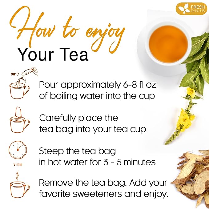 FreshDrinkUS, Premium 55 Mullein Licorice Tea Bags, 100% Natural, Blend of Mullein Leaves, and Licorice Root. Made with Natural Material Tea Bags. No Sugar, Vegan.