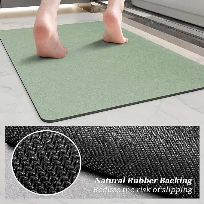 Bath Mat Rugs 32x17 - Diatomaceous Earth Bath Mats Quick Dry Absorbing Bathroom Rugs Rubber Non Slip Thin Bathroom Mat Fit Under Door, Bath Mat for Bathroom Floor, Tub and Shower, Sink, Sage Green