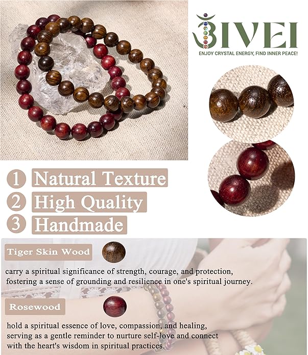 Bivei Natural Gemstone Semi Precious Healing Crystals Handmade Stretchy Round Beads Bracelet, Enhance Positive Energy