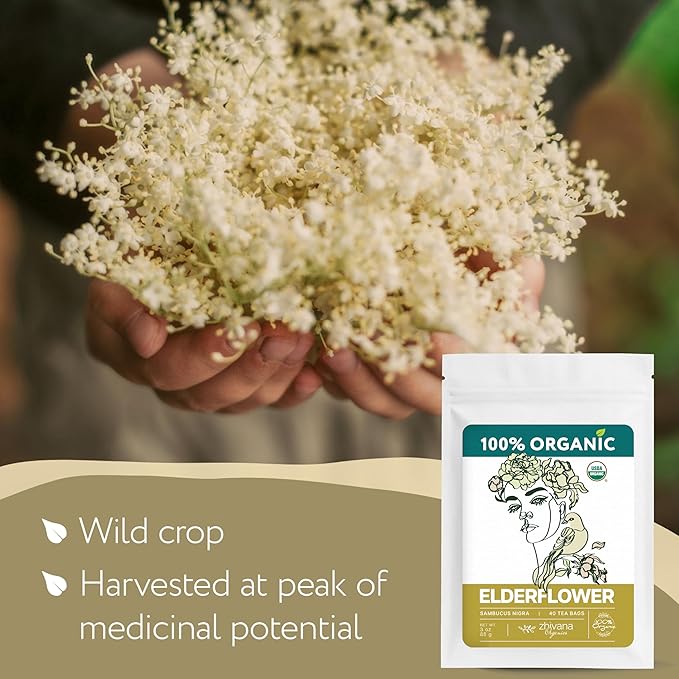 Organic Elderflower Tea Bags - Elder Flowers for Respiratory Health, Immunity - Herbal Tea for Cold Weather Days - Sauco do Flores - Seasonal Blend - 40 Teabags