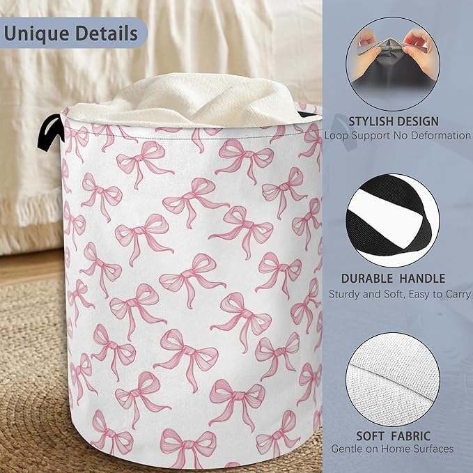 Cute Pink Bow Laundry Basket,Foldable Oxford Cloth Tote Bag Laundry Hamper Clothes Storage Bucket Organizer for Bedroom Laundry Storage Dormitories 16" x 20.8"