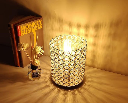 Crystal Lamp, FLoodoor Silver Lampshade K9 Crystal Table Lamp, Modern Style Decorative Bedside Table Lamp, Suitable for Bedroom, Bedside, Living Room, Bookcase (with Plug)