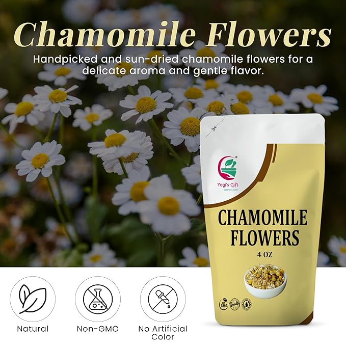 Chamomile Flowers 4 oz, 100% Natural Loose Leaf Chamomile Tea, Whole Dried Flowers for Herbal Tea, Resealable Bag for Freshness - By Yogi’s Gift®