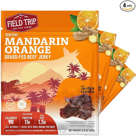 Field Trip Grass Fed Beef Jerky, Healthy Gluten Free Snacks, All Natural, Paleo-Friendly Beef Jerky, High Protein, Low Carb Snack with No Nitrates, 2.2oz Bag, 4 Pack, Mandarin Orange Teriyaki