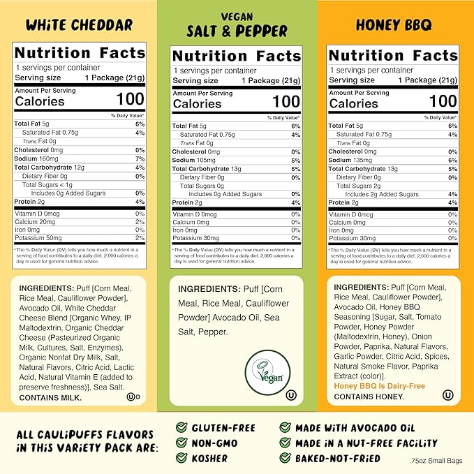 CauliPuffs - Corn, Rice, and Cauliflower Gluten Free Puffed Snack (15 x 0.75oz Bags, Variety Pack)