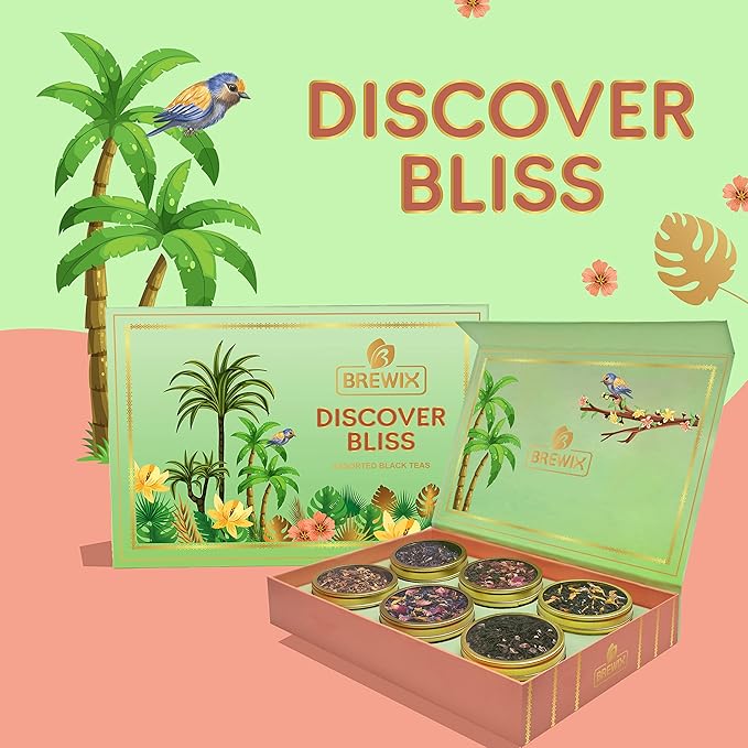 BREWIX, Discover Bliss Premium Assorted Tea Gift Set for Women (6 Premium Teas / 75+ Cup) | Tea Gift Sets For Tea Lover | Tin Caddy Presentation Box | Gifts for Her | Gifts for Women