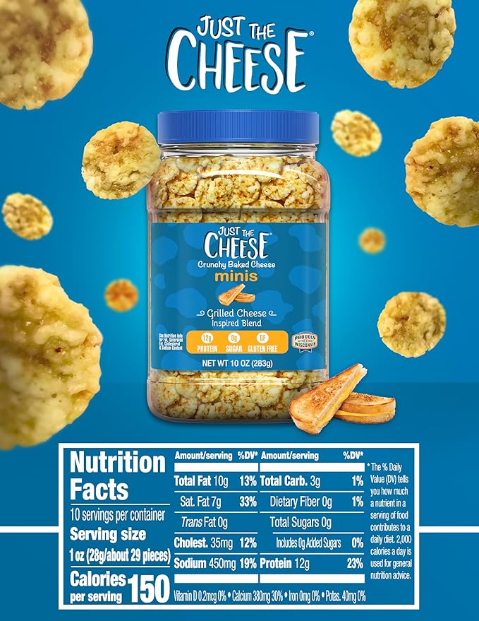 Just the Cheese Minis – Grilled Cheese Crisps, 10 oz Jar, Delicious Low-Carb Lifestyle Protein Chips, High-Protein, Gluten-Free Crisps, Keto-Friendly, Zero Sugar, Perfect Snack for Adults